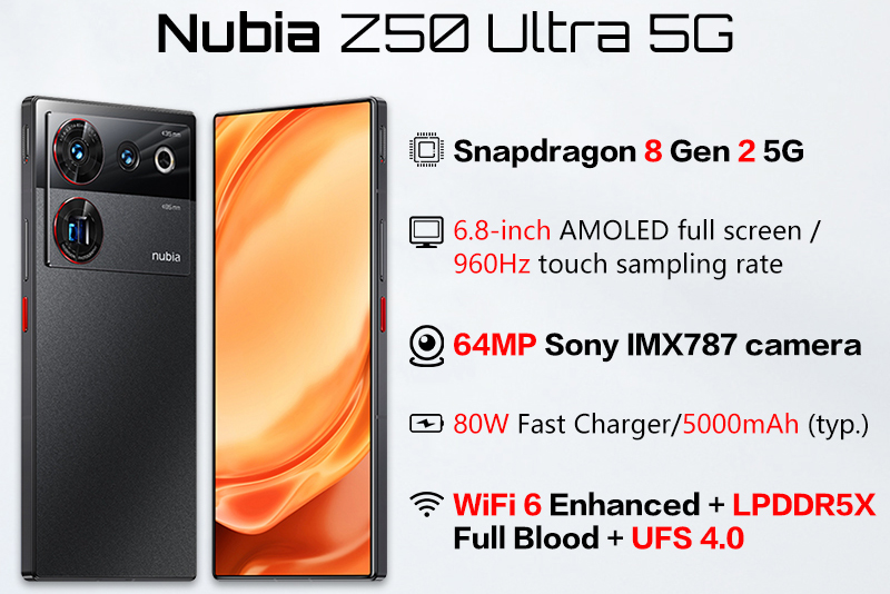 Nubia Z50 Ultra 5G 6.8 inch 144Hz AMOLED Screen Under screen camera  Snapdragon 8 Gen 2