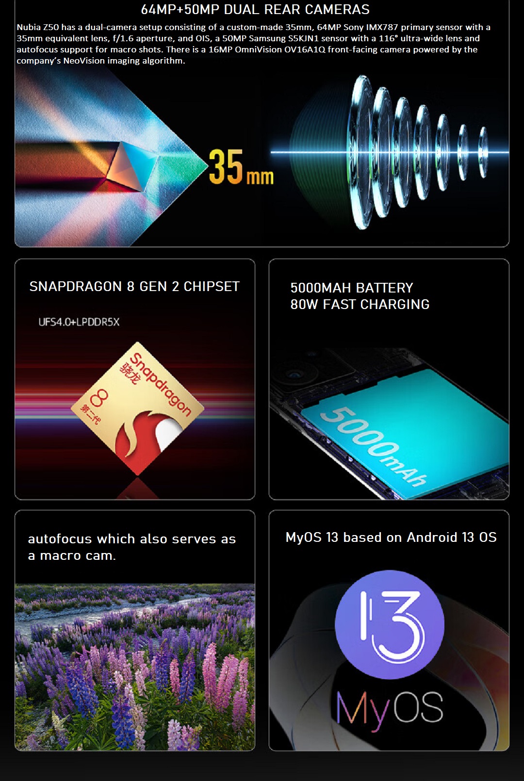 nubia Teléfono celular Z50 - Teléfono Android desbloqueado 5G, cámara dual  de 64 MP+50 MP, Qualcomm Snapdragon 8 Gen 2, pantalla AMOLED de 144 Hz de